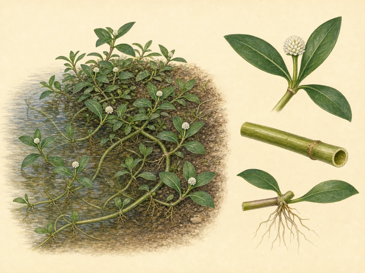 Prancha ilustrada de Alternanthera philoxeroides com tapete anfíbio, caules rastejantes ocos, folhas opostas, raízes nos nós, capítulos brancos pedunculados e fragmento enraizado