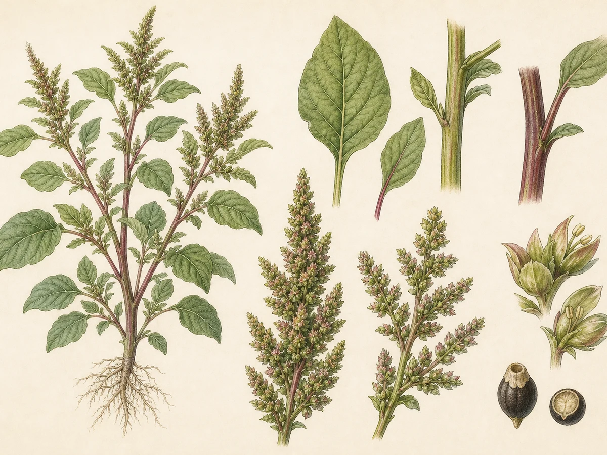 Prancha ilustrada de Amaranthus blitum subsp. emarginatus com erva ramificada, folhas ovadas de ápice emarginado e cachos verdes axilares