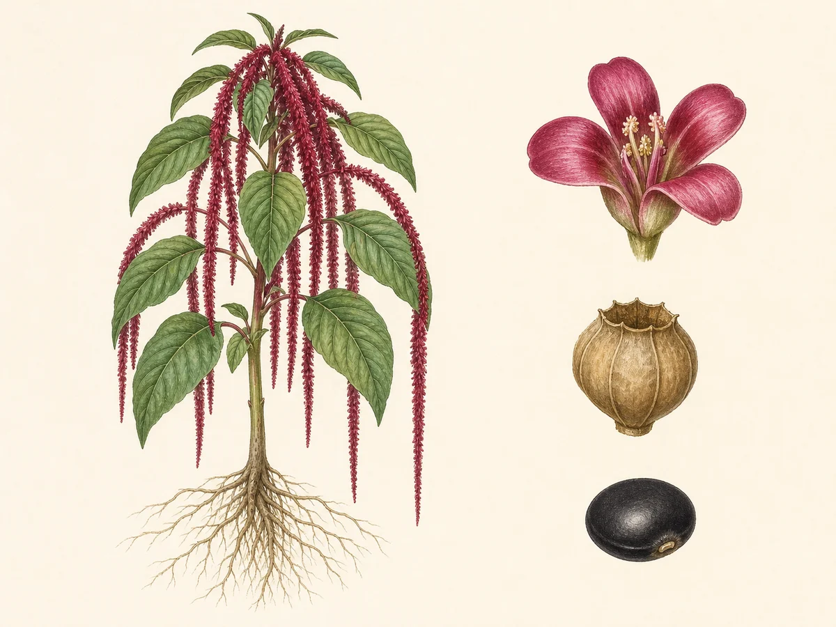 Prancha ilustrada de Amaranthus caudatus com anual ereta, folhas ovadas, longas inflorescências pendentes desde a base, flor feminina ampliada, pixídio e semente lenticular