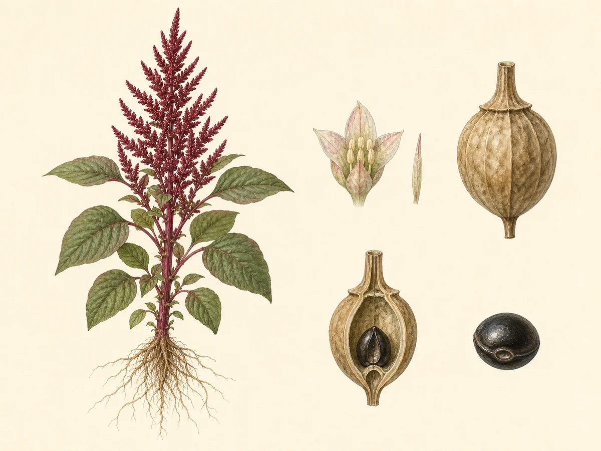 Prancha ilustrada de Amaranthus cruentus com anual ereta, folhas ovadas, panícula vermelha ereta muito ramificada, flor feminina, bractéola, pixídio de pico cilíndrico fino e semente