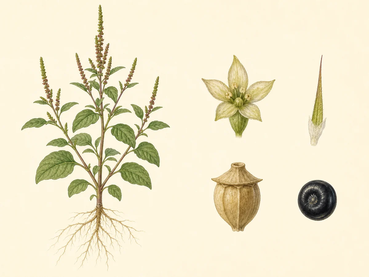 Prancha ilustrada de Amaranthus hybridus com anual ereta, folhas ovadas a romboidais, espicastro verde-avermelhado ramificado, flor pentâmera, bractéola fina, pixídio de pico largo e semente