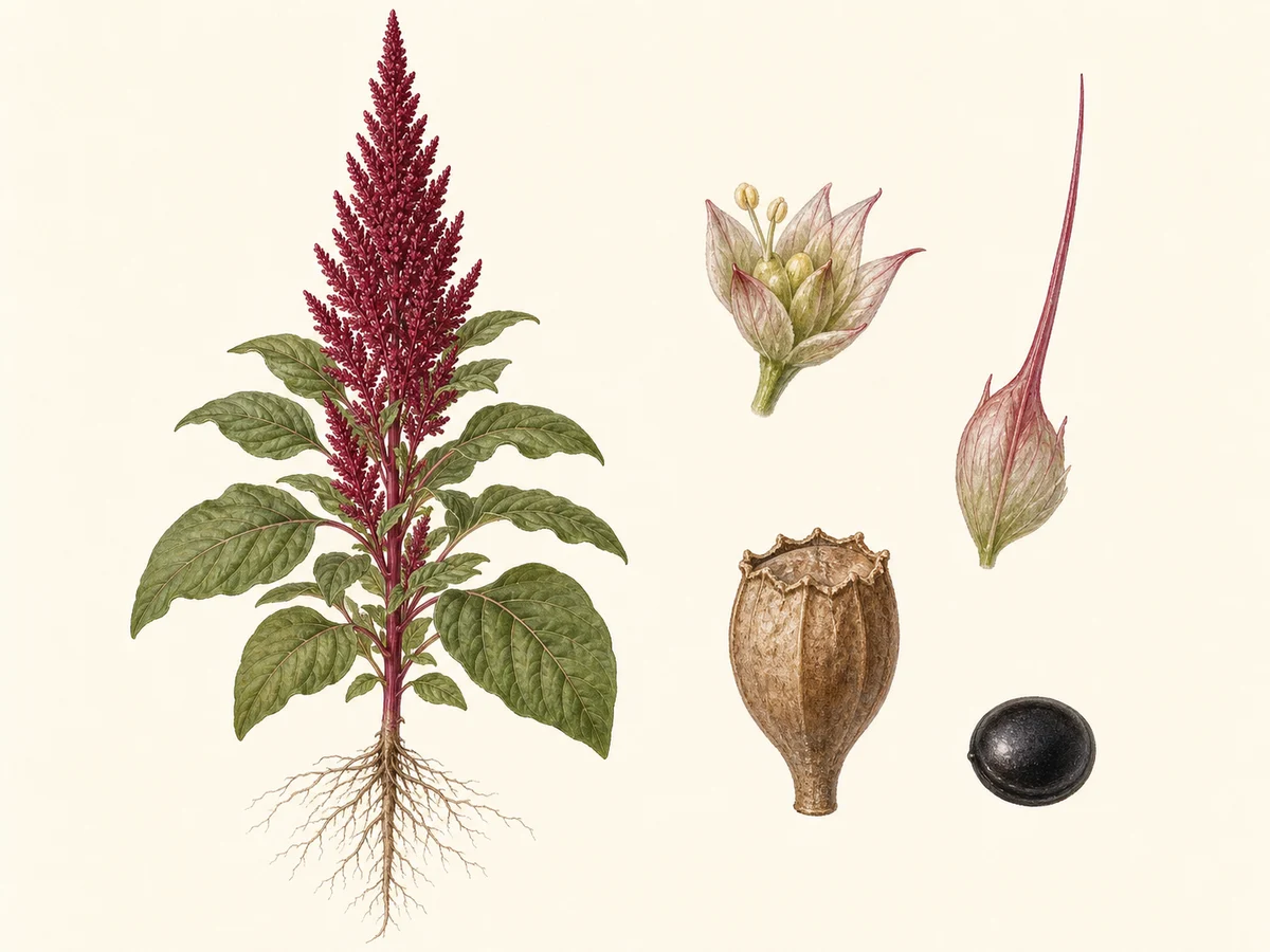 Prancha ilustrada de Amaranthus hypochondriacus com anual ereta, folhas ovais, panícula vermelha densa e ereta, flor pentâmera, bractéola longa, pixídio estreitando progressivamente e semente