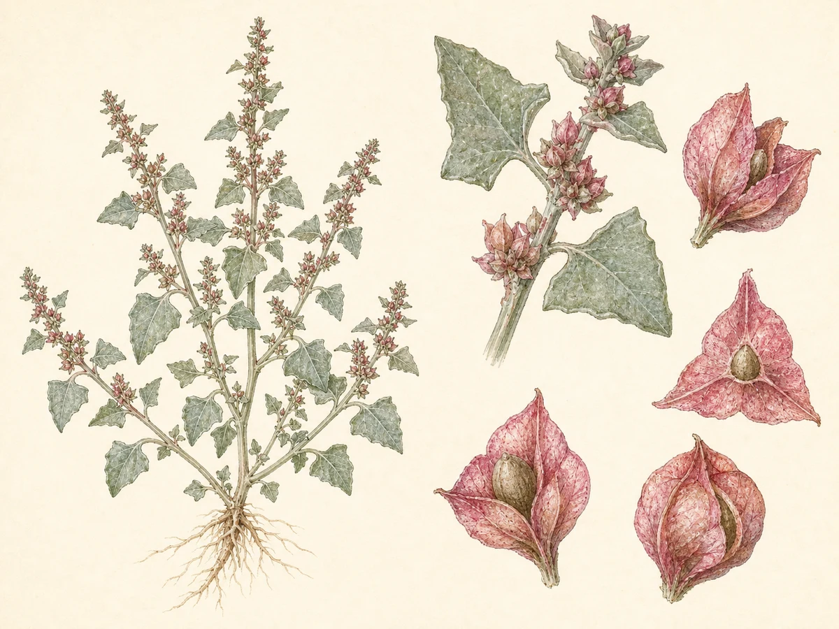 Prancha ilustrada de Amaranthus muricatus com erva baixa ramificada, folhas estreitas lanceoladas e espigas verdes axilares