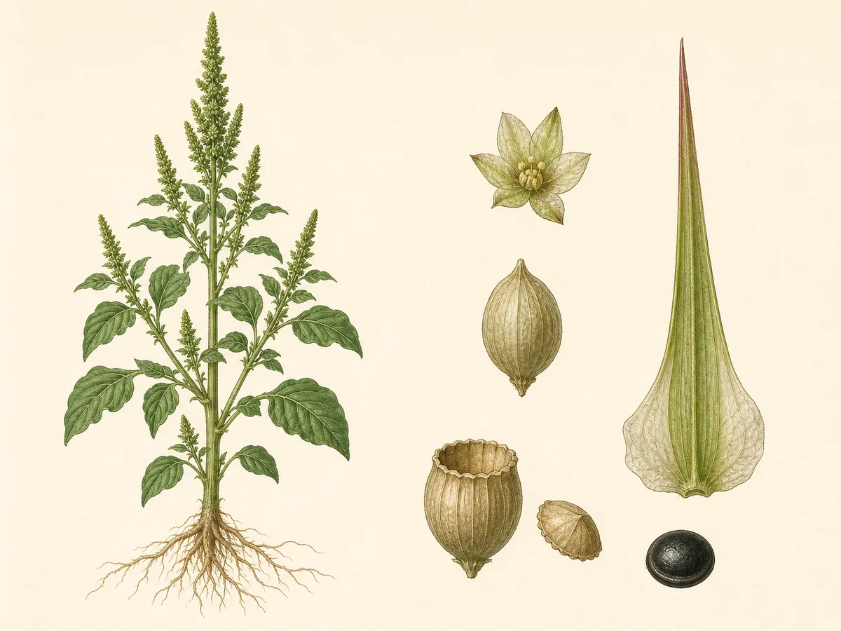 Prancha ilustrada de Amaranthus powellii com anual ereta, folhas ovadas a elípticas, espicastro verde robusto, flor feminina, bractéola forte longa de base membranácea, frutos deiscentes e indeiscentes e semente