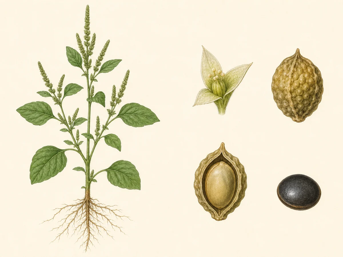 Prancha ilustrada de Amaranthus viridis com anual ereta ramificada, folhas ovadas de ápice pouco emarginado, espicastro verde, flor trímera, fruto indeiscente muito rugoso e semente que ocupa a cavidade