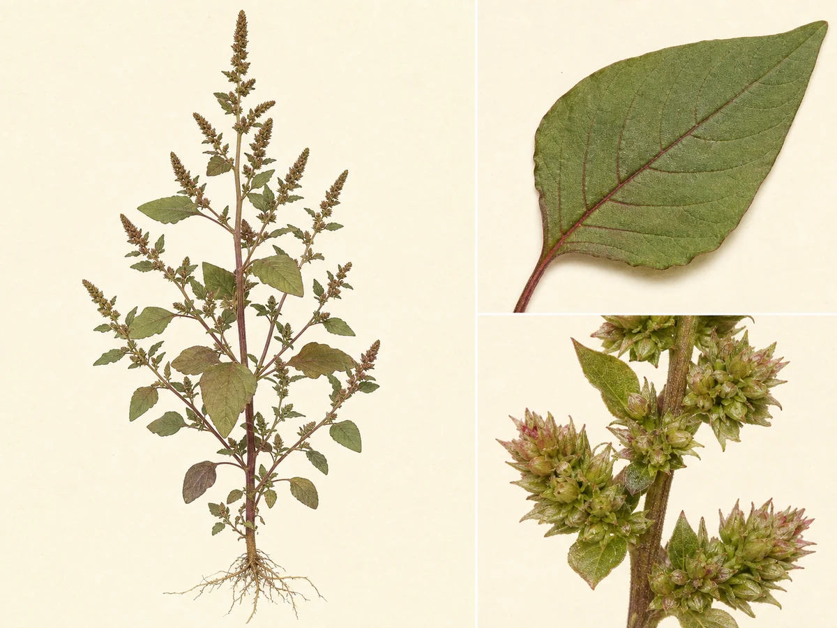 Prancha ilustrada do híbrido Amaranthus × ozanonii com caule verde-avermelhado, folhas ovadas e cachos densos verdes a avermelhados