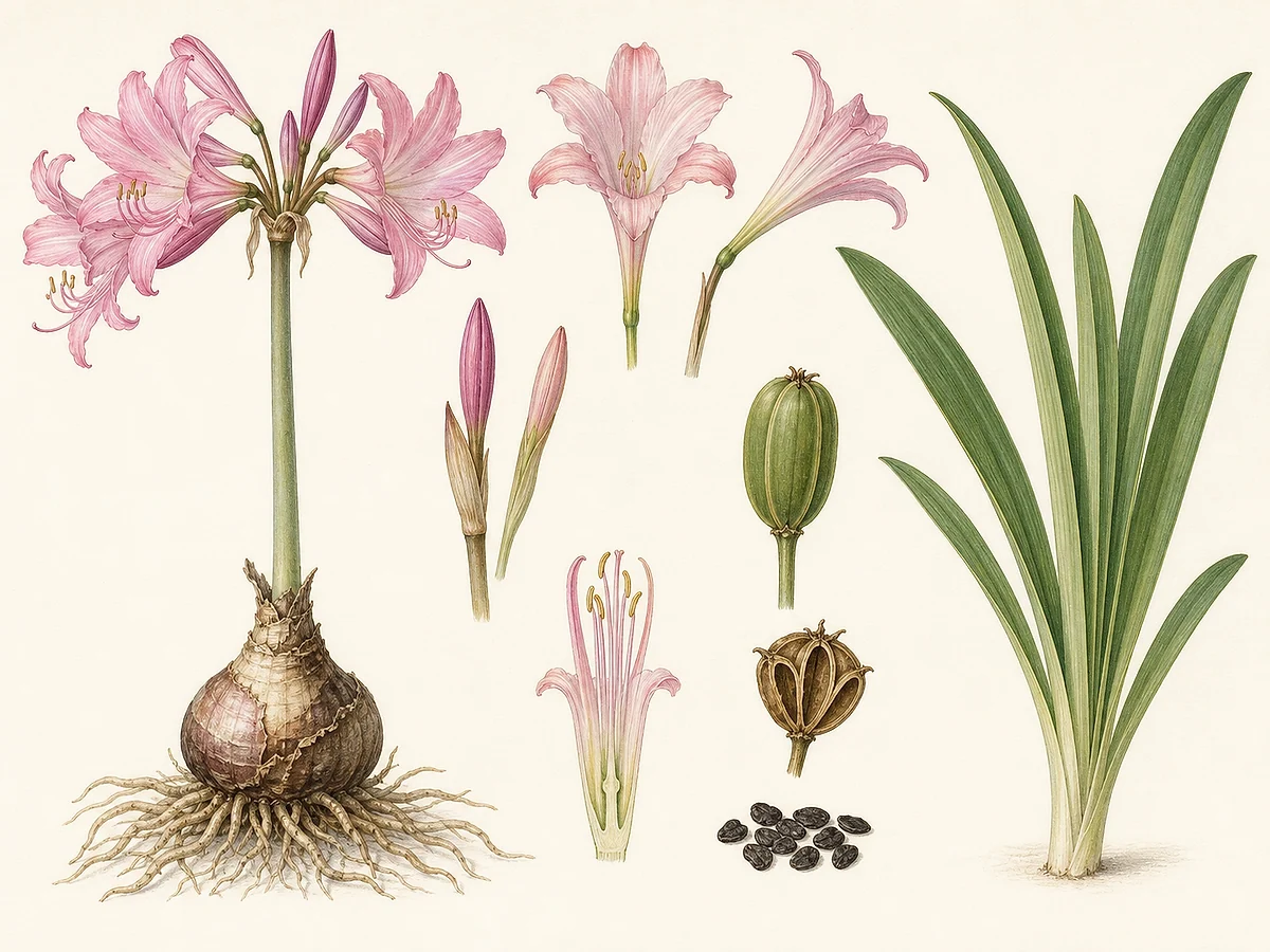 Prancha botânica de Amaryllis belladonna com bolbo, folhas em fita, haste sem folhas, umbela de flores rosadas e cápsula