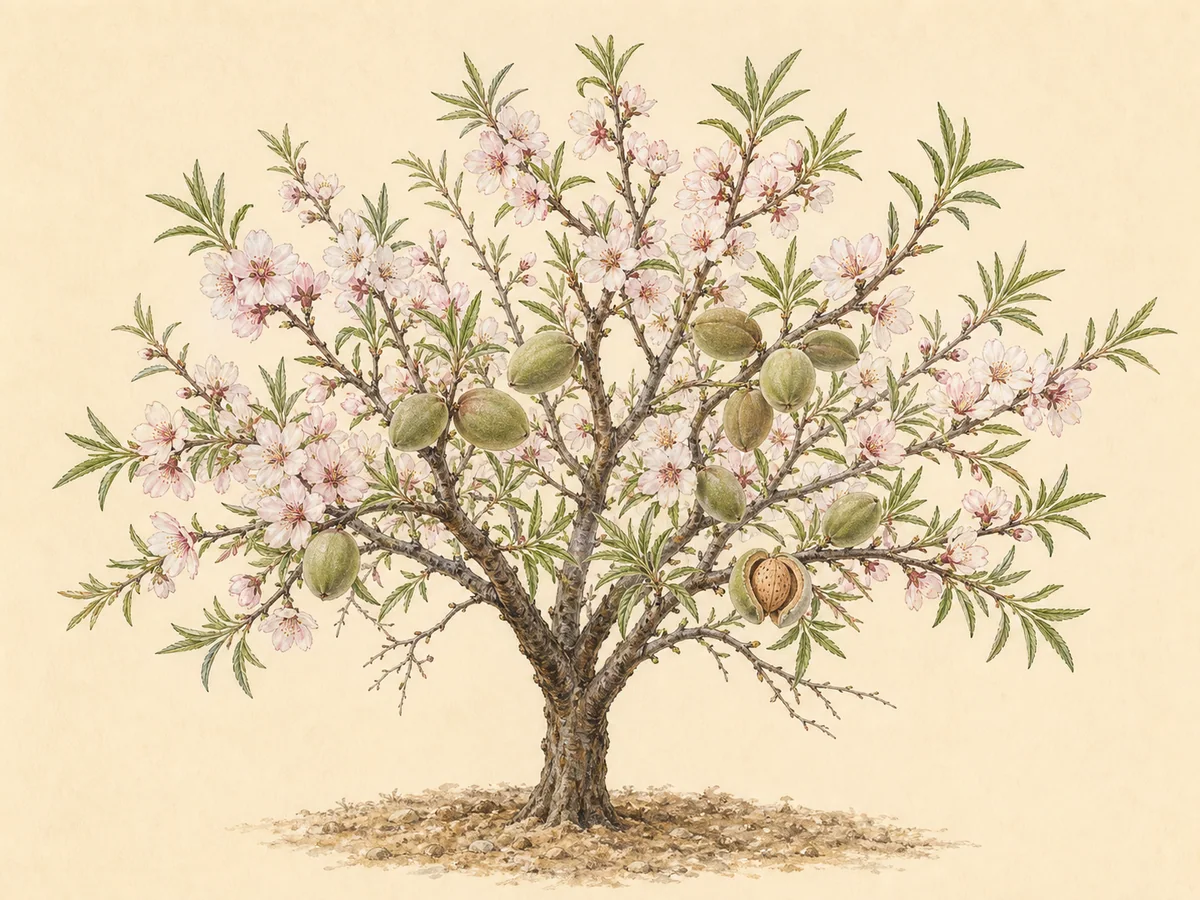Ilustração botânica de uma amendoeira com flores rosadas, folhas estreitas e amêndoas no casco