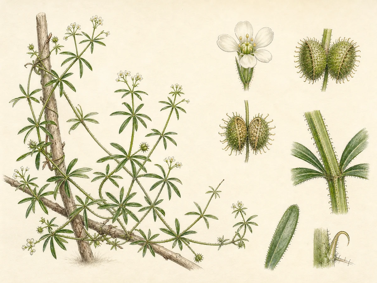 Prancha botânica documental de Galium aparine subsp. aparine, trepadeira autóctone registada no arquipélago da Madeira