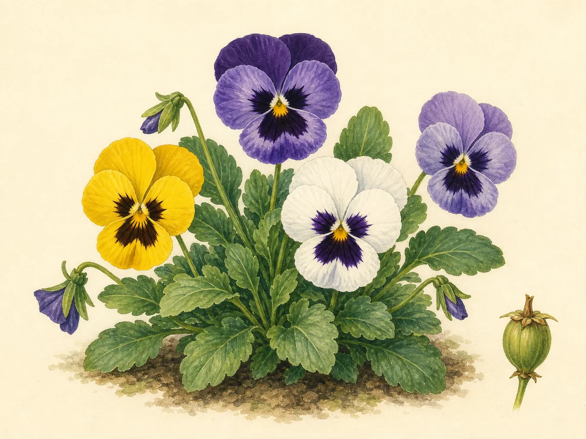 Ilustração botânica de um amor-perfeito baixo com folhas crenadas e flores violetas, amarelas e brancas de cinco pétalas
