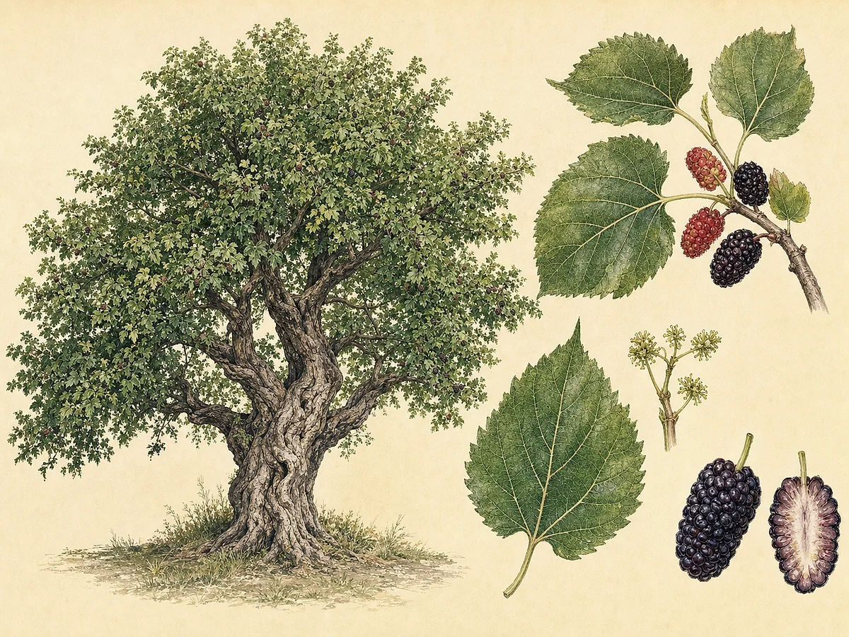 Ilustração botânica de amoreira-preta de copa larga com folhas cordiformes ásperas, flores discretas e amoras negras maduras, uma aberta