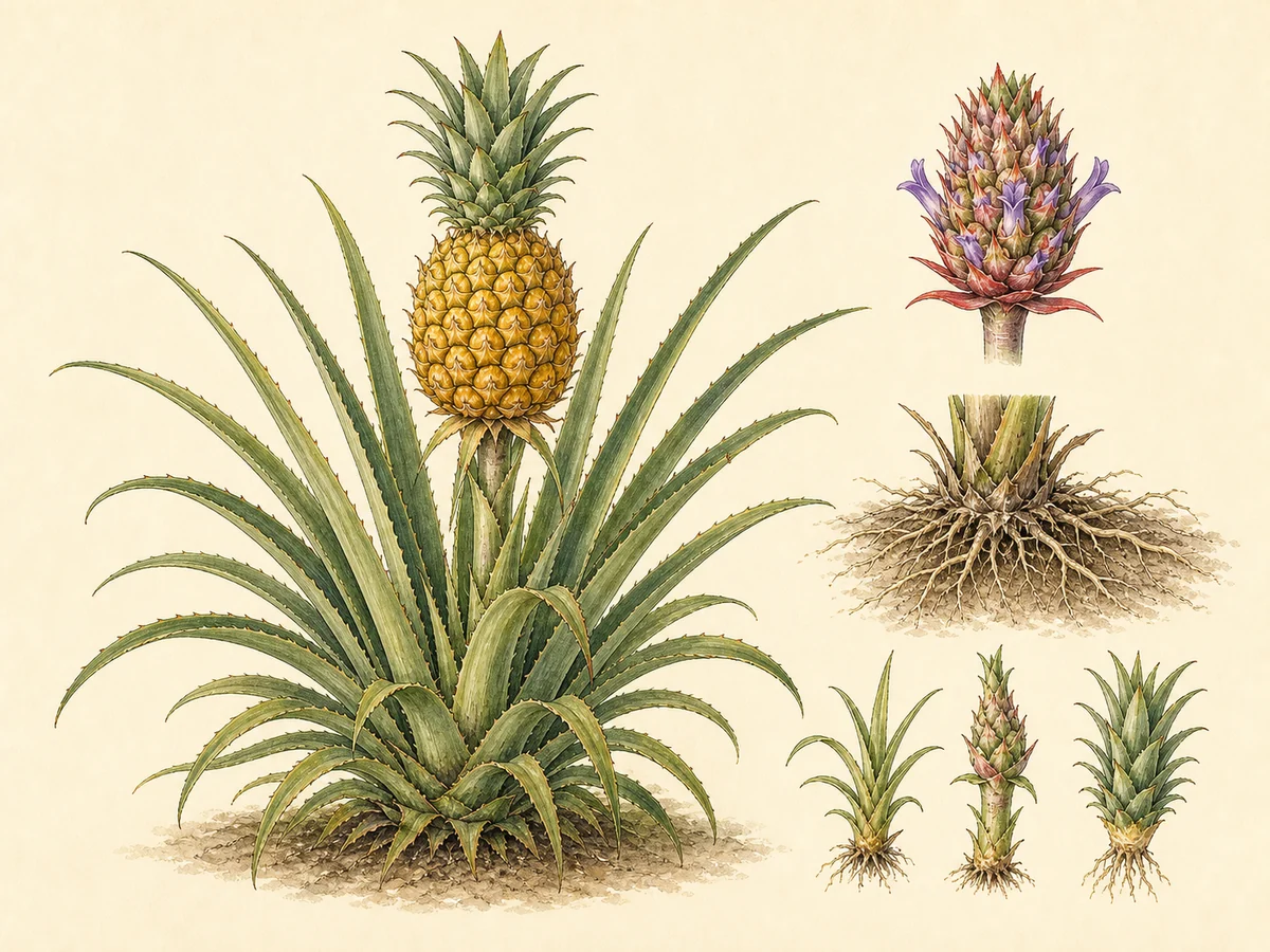 Ilustração botânica de ananaseiro com roseta, fruto coroado, inflorescência de flores roxas, raiz fibrosa e propágulos vegetativos