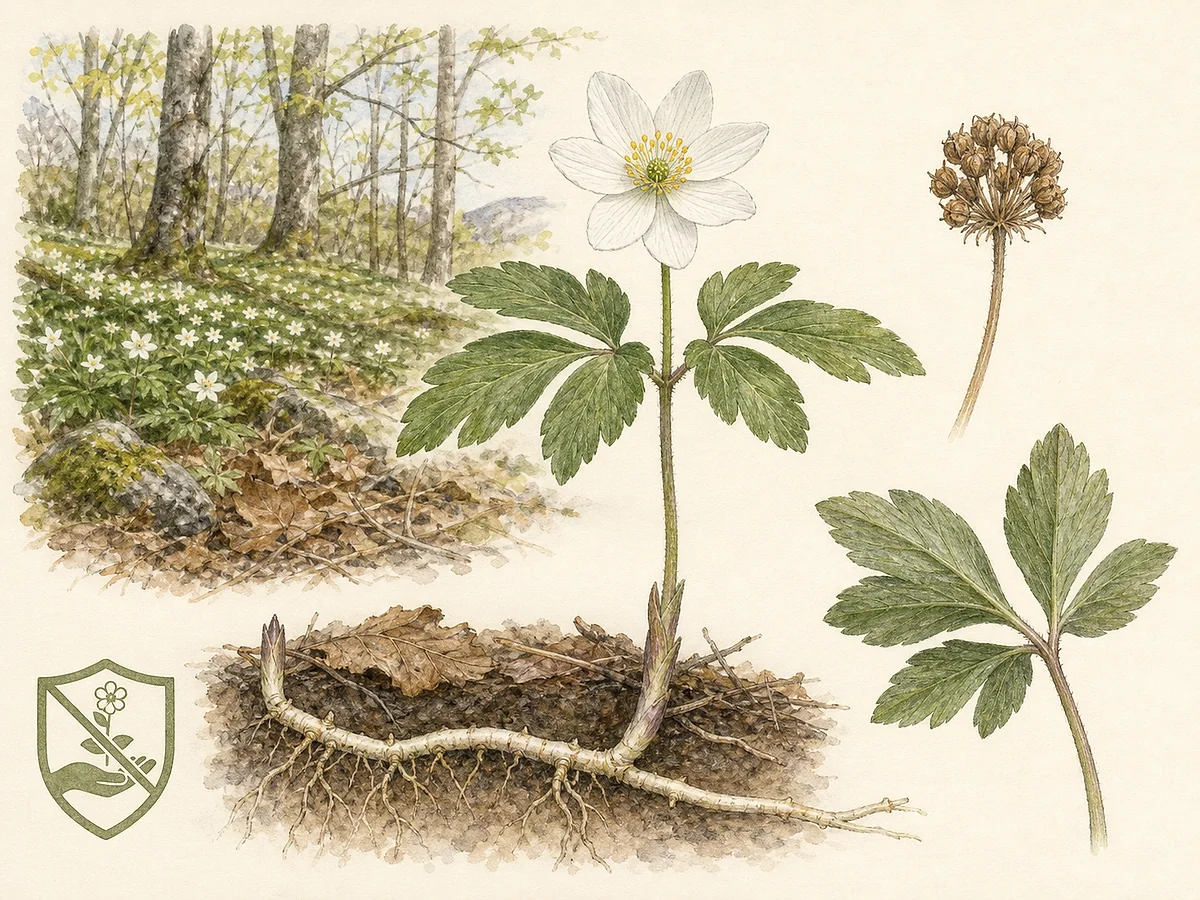 Prancha botânica de Anemone nemorosa com rizoma horizontal, verticilo de três folhas profundamente divididas, flor branca solitária e cabeça de aquénios