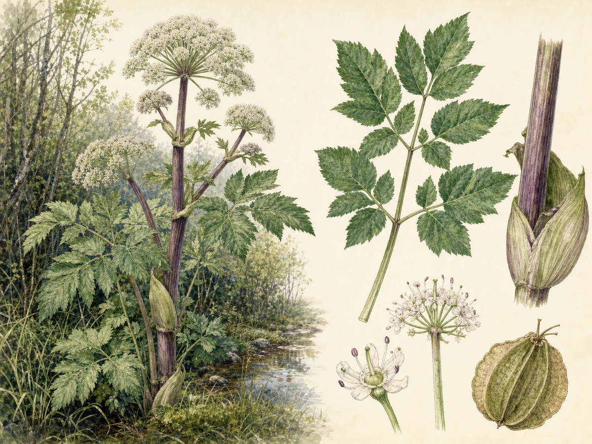 Prancha botânica de Angelica sylvestris com caule oco estriado, folhas grandes bipinadas de bainha inflada, umbela composta rosada e frutos alados
