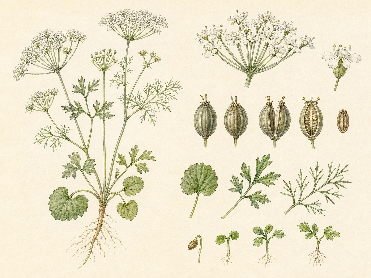 Prancha botânica de Pimpinella anisum com folhas basais arredondadas, folhas superiores finamente divididas, umbelas brancas e frutos ovóides costados