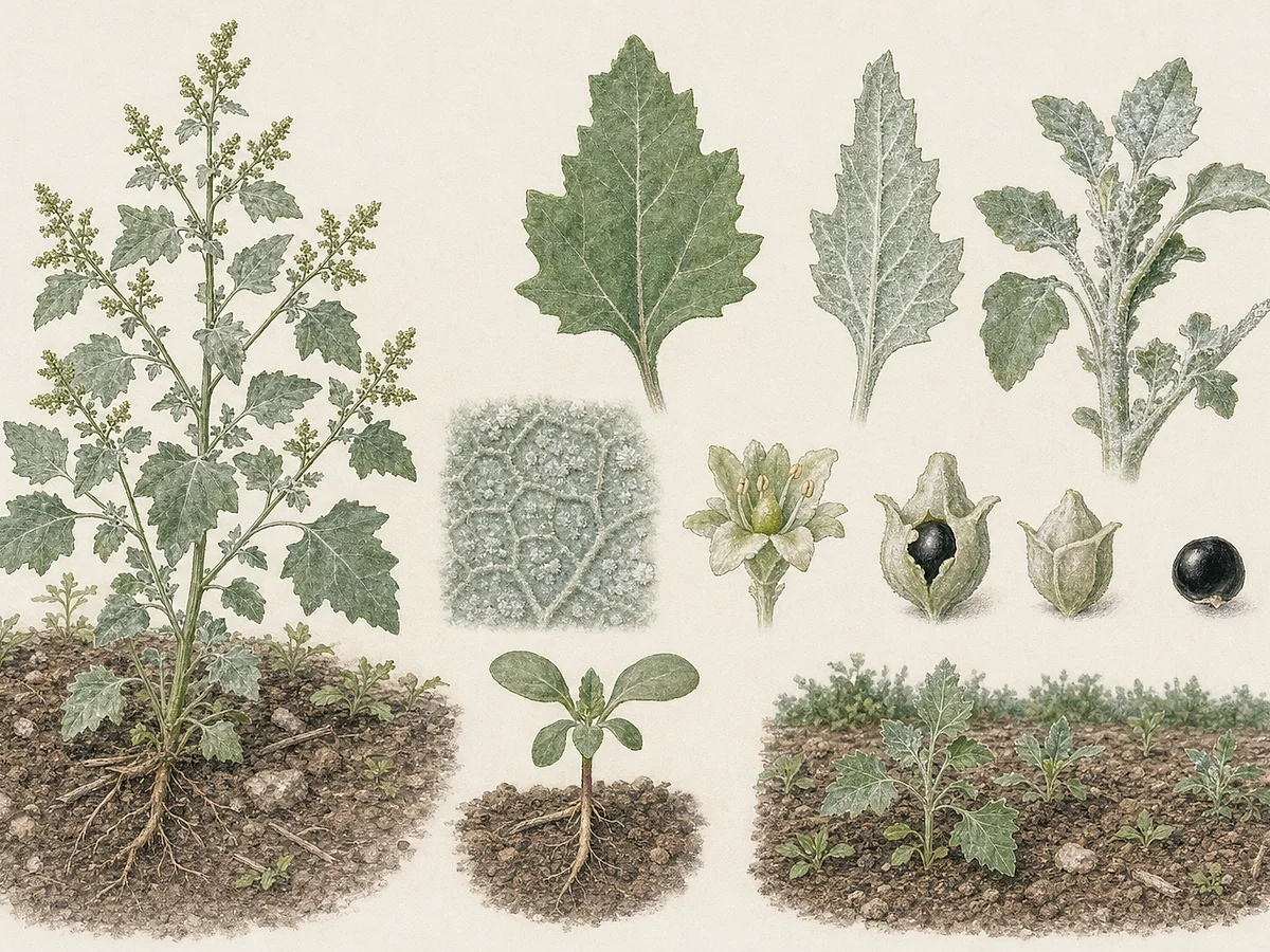 Prancha botânica de Chenopodium album com folhas inferiores romboidais dentadas, rebentos farinhosos esbranquiçados e panículas verdes densas