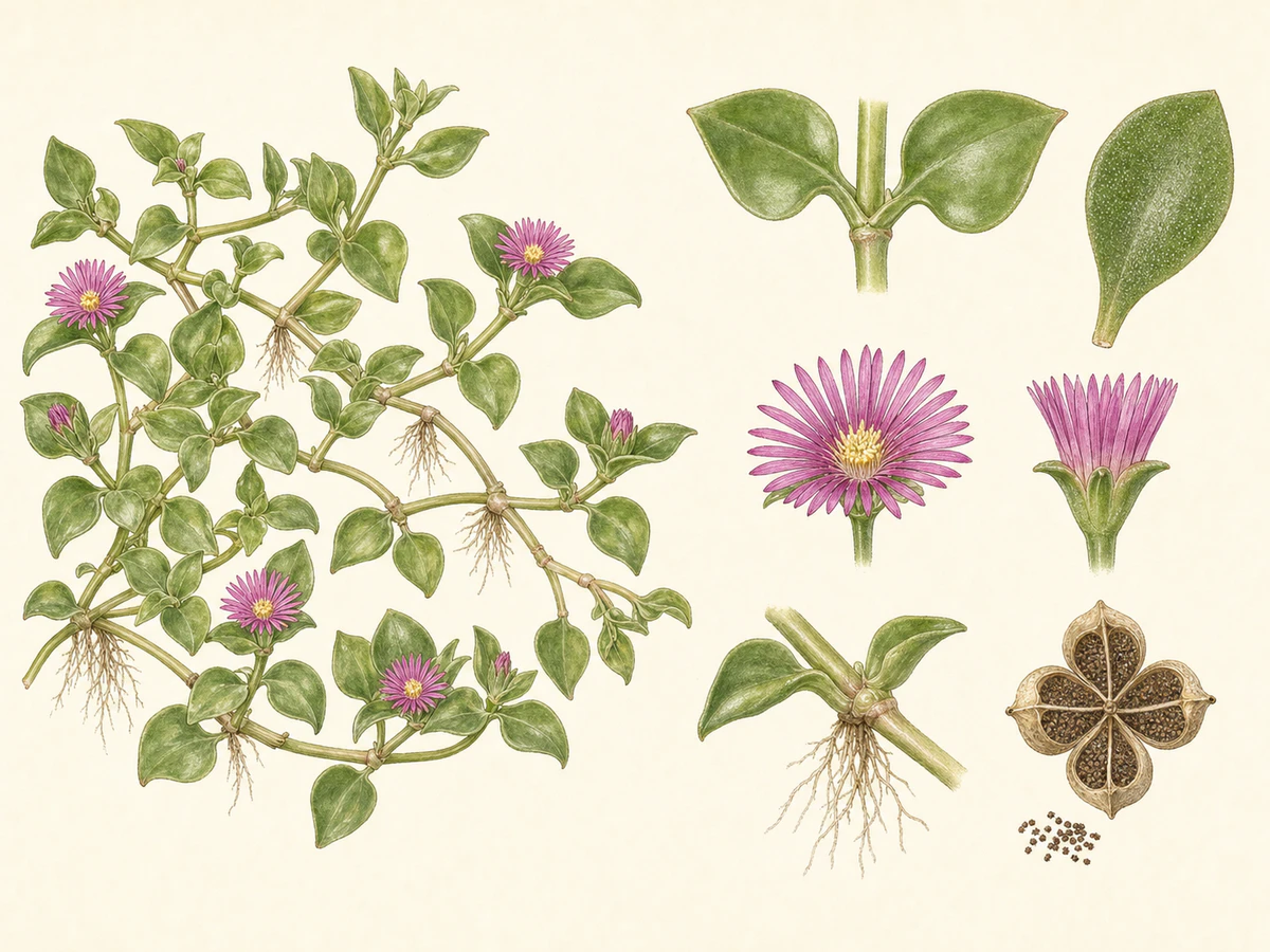 Prancha ilustrada de Aptenia cordifolia com caules rastejantes, folhas suculentas opostas, flores magenta, raízes nos nós e cápsula com sementes