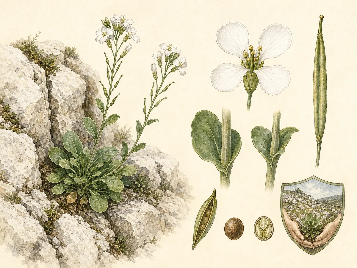 Prancha botânica de Arabis sadina com roseta perene em rocha calcária, folhas caulinares de base arredondada, flores brancas de quatro pétalas e síliquas estreitas