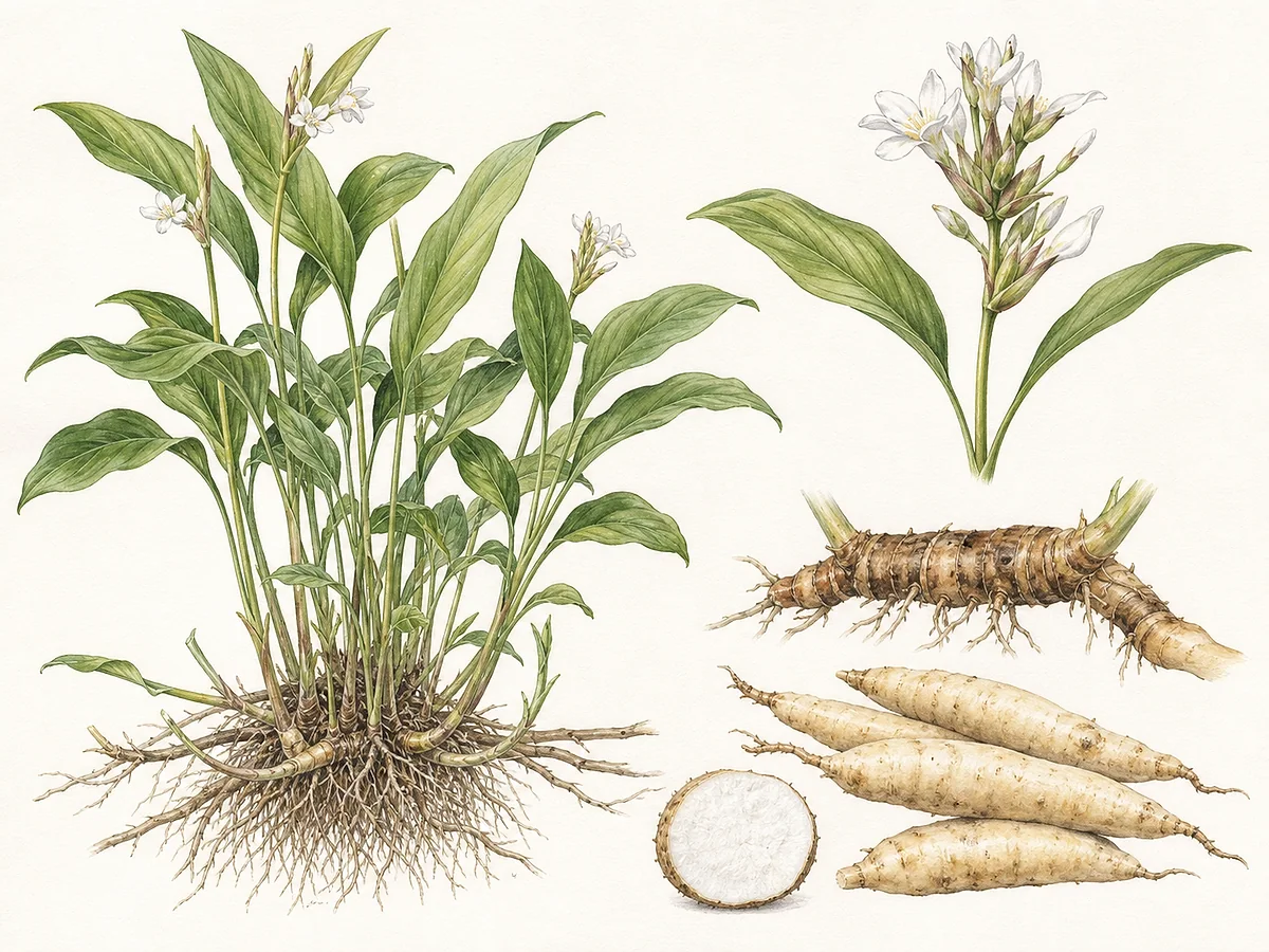 Prancha botânica de araruta com touceira de caules, folhas ovais, pequenas flores brancas, rizomas claros segmentados em corte e raízes