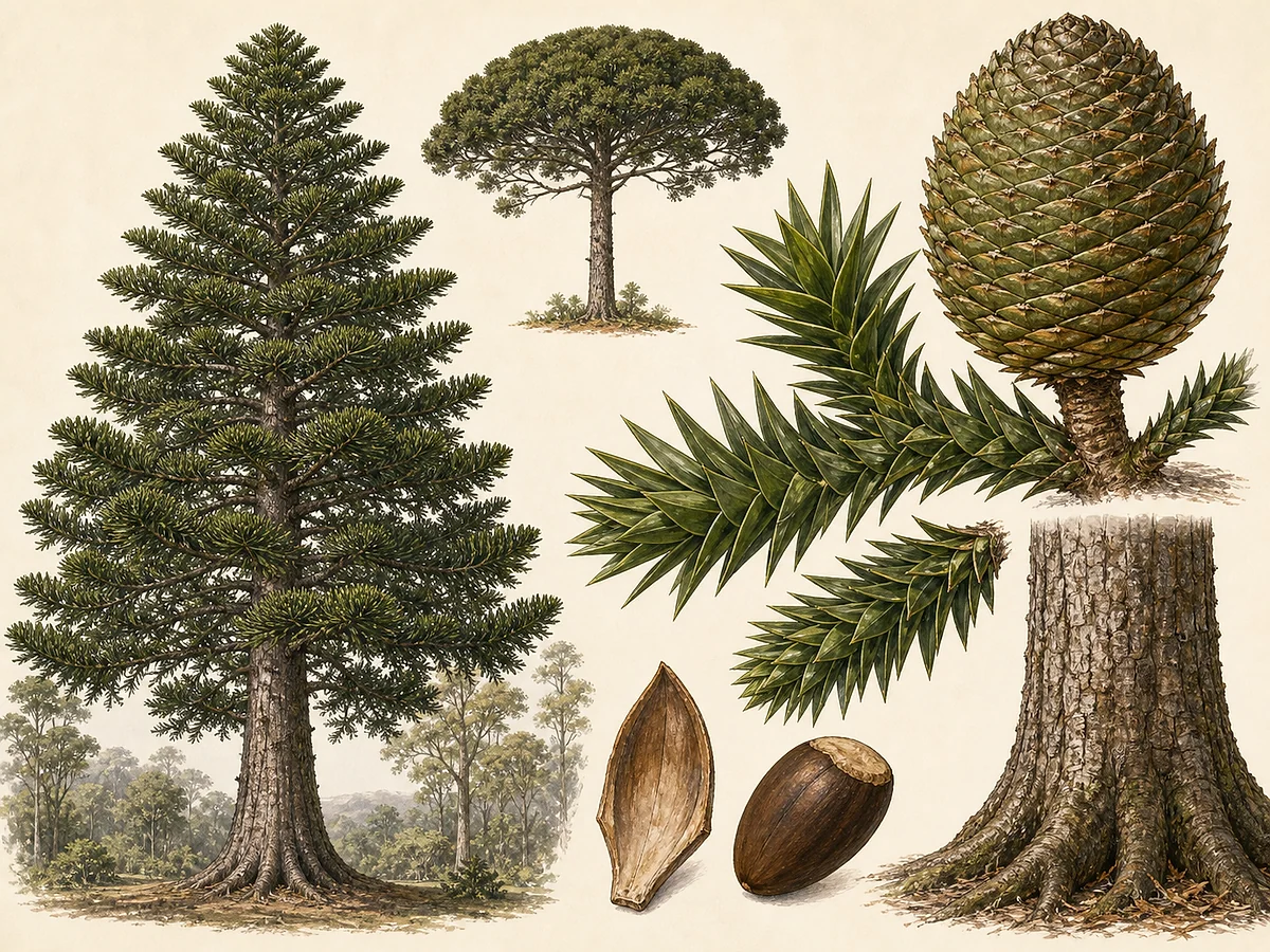 Prancha botânica de Araucaria bidwillii com conífera de grande porte, ramos em verticilos, folhas espinhosas, cone maciço e sementes
