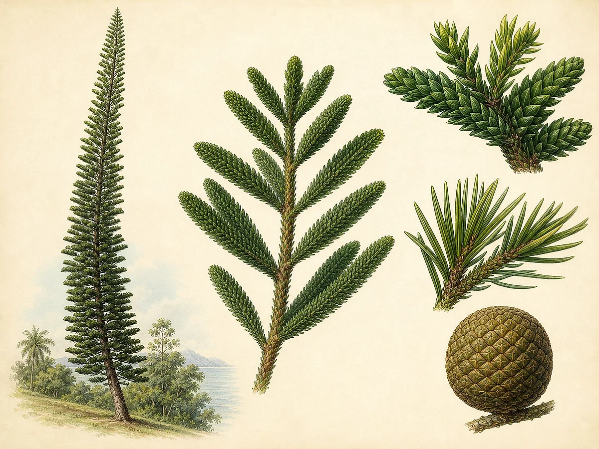 Prancha botânica de Araucaria columnaris com silhueta colunar estreita, verticilos regulares, raminhos de folhas escamiformes e cone globoso