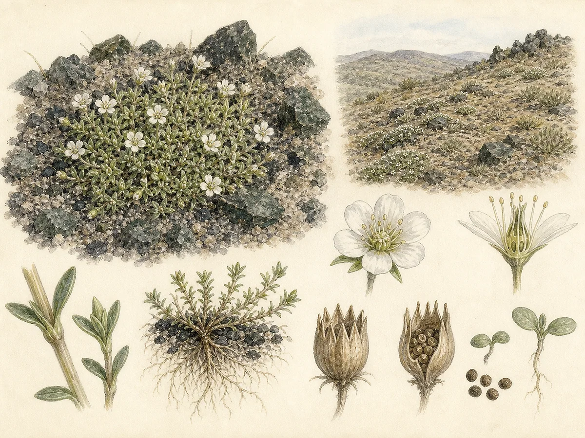 Prancha botânica de Arenaria querioides subsp. fontqueri com almofada baixa, folhas pequenas opostas, flores brancas e cápsula