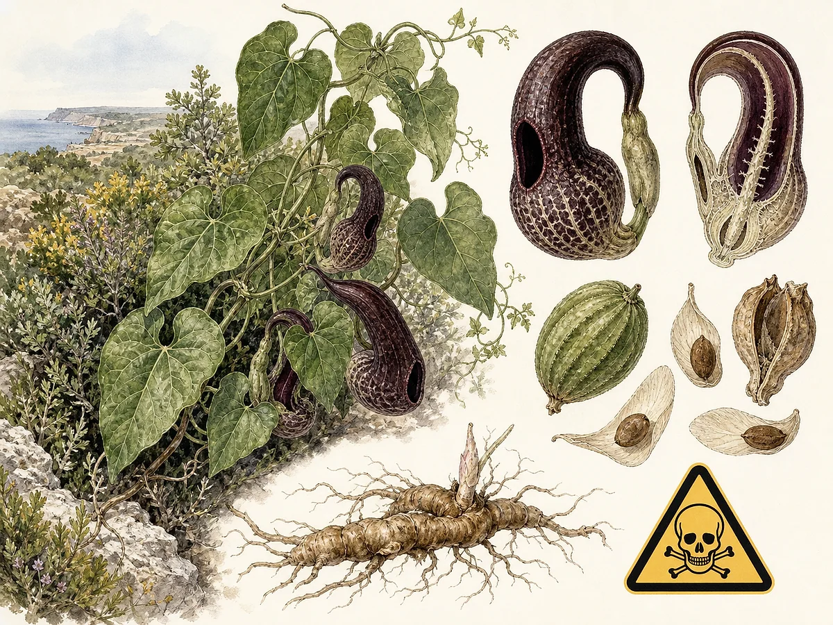 Prancha botânica de Aristolochia baetica com liana mediterrânica, folhas cordiformes, flores tubulares curvas castanho-púrpura, cápsula e sementes aladas