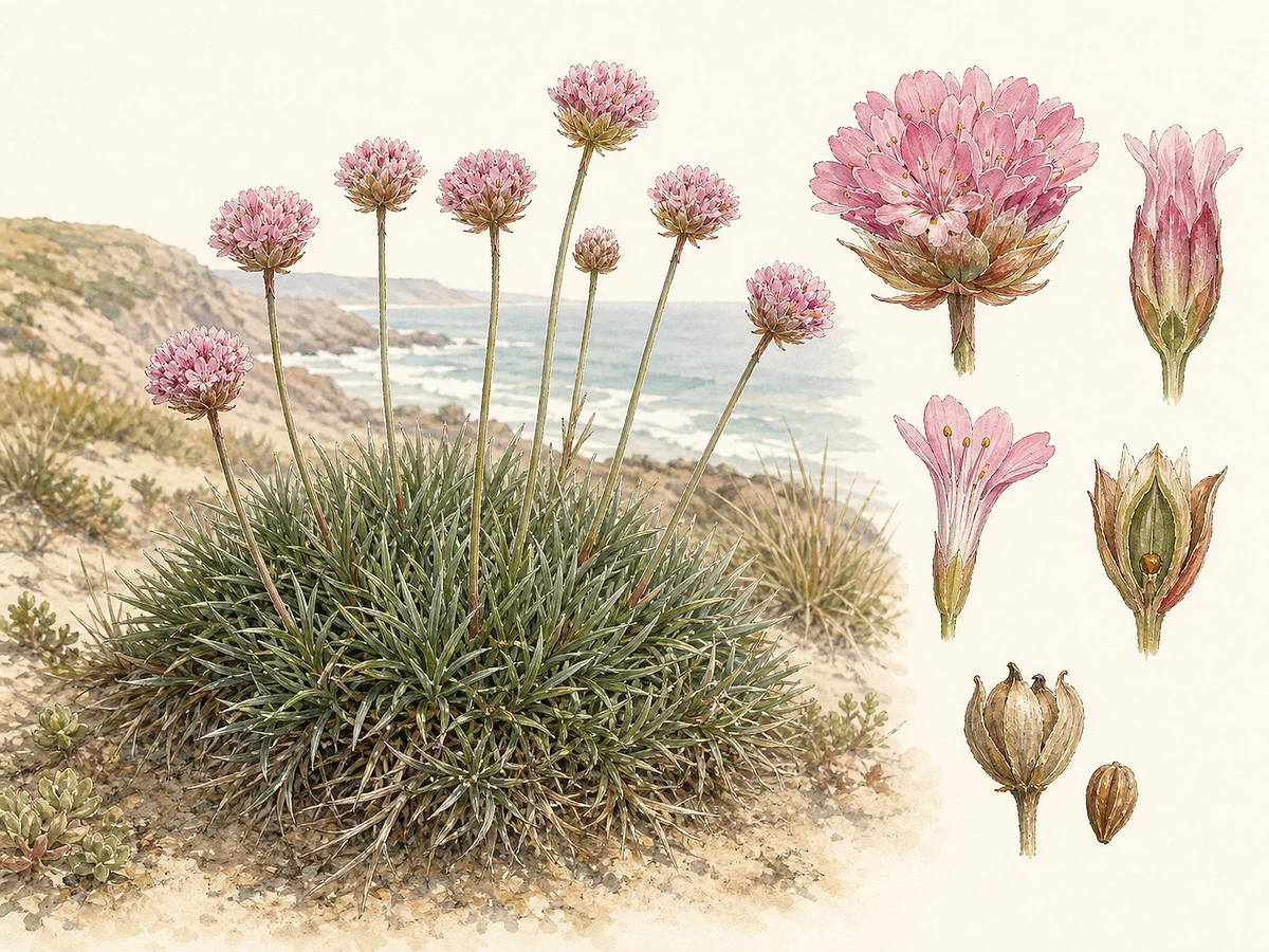 Prancha botânica de Armeria pungens com almofada de folhas lineares rígidas, hastes altas, cabeças densas de flores cor-de-rosa, brácteas e fruto