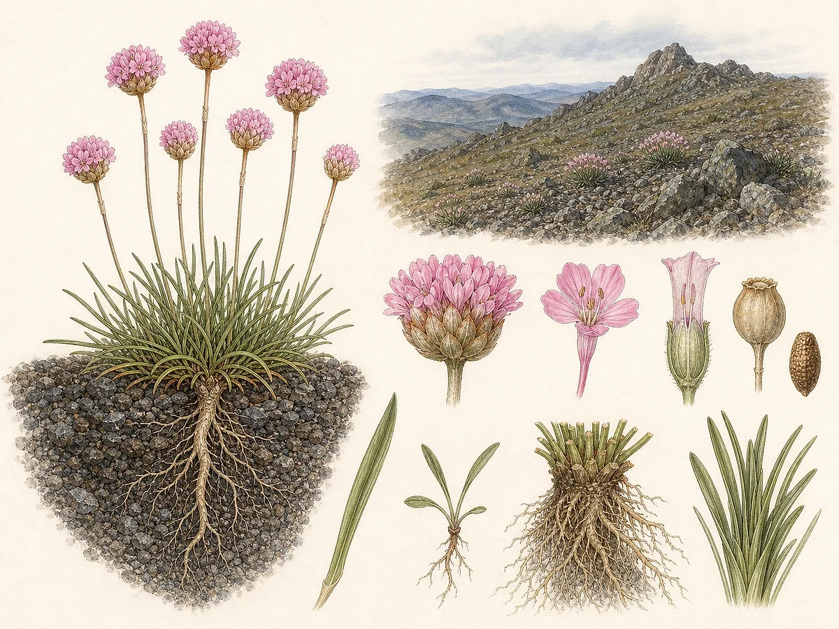 Prancha botânica de Armeria langei subsp. marizii com roseta de folhas lineares, hastes nuas e capítulos rosa, raiz em cascalho ultramáfico