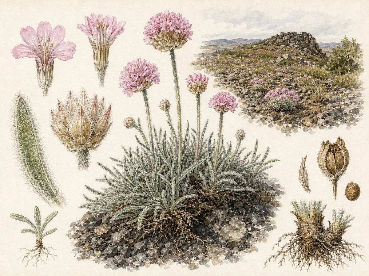 Prancha botânica de Armeria eriophylla com rosetas lanudas, folhas lineares ciliadas e capítulos arredondados de flores rosa