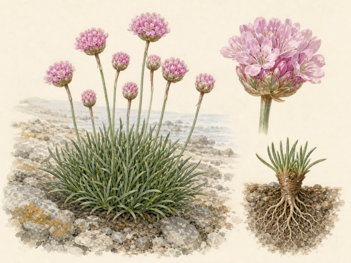 Ilustração botânica de armeria-marítima em almofada de folhas lineares com capítulos redondos cor-de-rosa e raiz