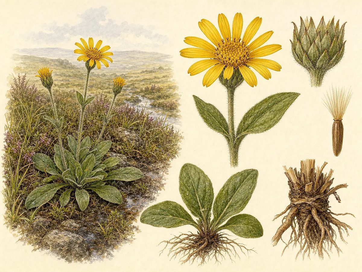 Prancha botânica de Arnica montana subsp. atlantica com roseta de folhas opostas, caule pubescente e capítulo amarelo