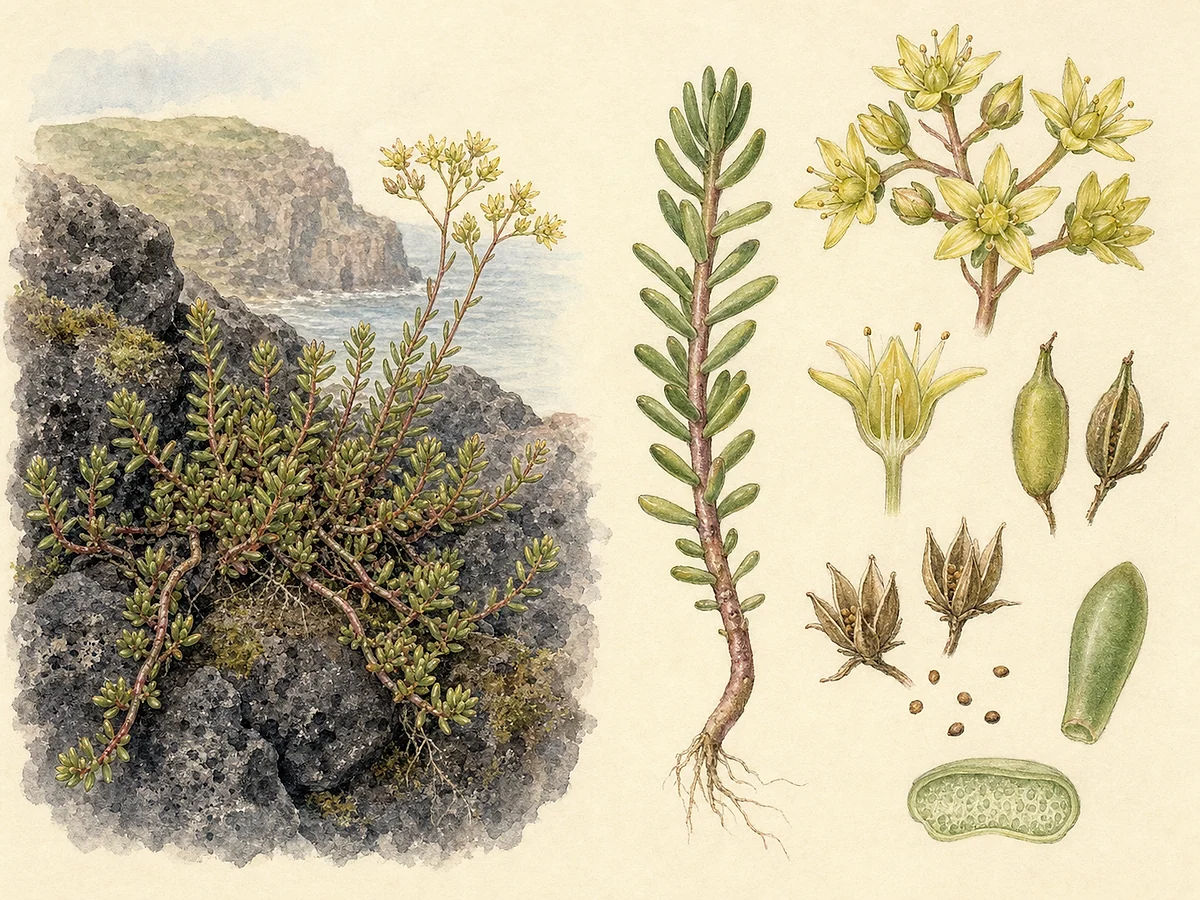Prancha botânica de Sedum nudum em fenda de basalto com caules avermelhados, folhas suculentas pequenas, flores estreladas amarelo-pálidas, folículos, sementes e raízes