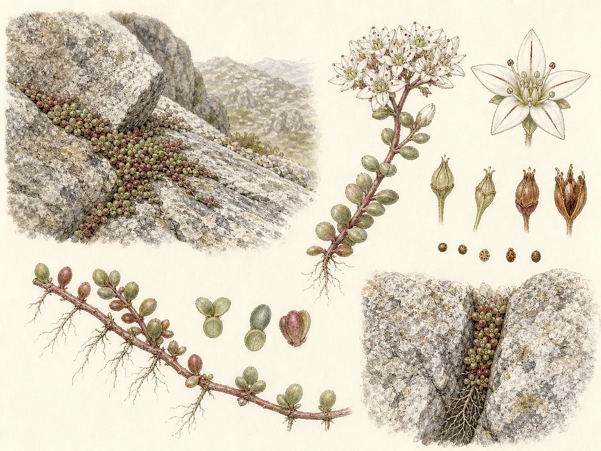 Prancha botânica de Sedum brevifolium com tapete minúsculo de caules avermelhados, folhas globosas oposto-cruzadas em quatro fiadas, flores brancas de cinco pétalas e folículos