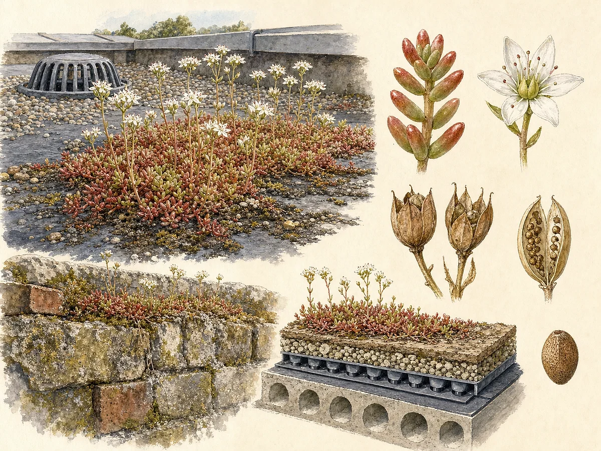 Prancha botânica de Sedum album com tapete de pequenas folhas cilíndricas carnosas avermelhadas, hastes eretas e estrelas brancas de cinco pétalas