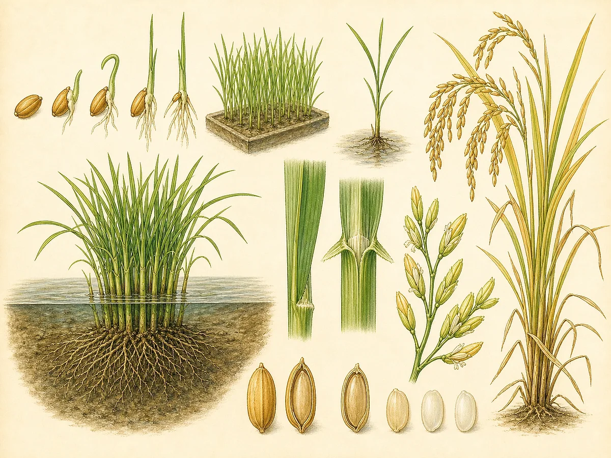 Ilustração botânica de arroz irrigado com plântulas transplantadas, perfilhos, panículas arqueadas de grão, raízes em solo saturado e grãos com e sem casca