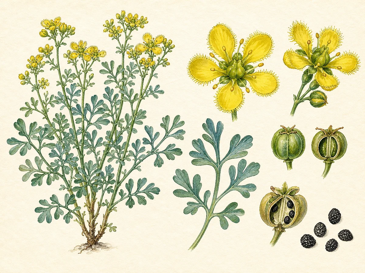 Prancha botânica de Ruta graveolens com subarbusto azul-esverdeado, folhas divididas em segmentos arredondados, flores amarelas de pétalas franjadas e cápsulas