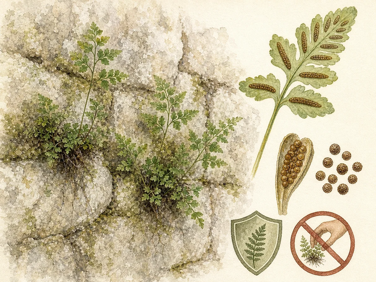Prancha botânica de Asplenium ruta-muraria subsp. ruta-muraria com pequenos tufos, frondes triangulares divididas, pecíolos verdes e soros alongados no verso