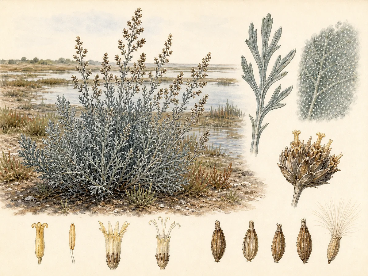 Prancha botânica de Artemisia caerulescens subsp. caerulescens com subarbusto glauco, folhas estreitas divididas, panículas de pequenos capítulos acastanhados e aquénios