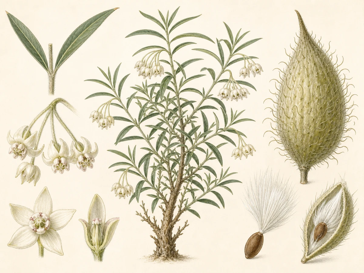 Prancha ilustrada de Gomphocarpus fruticosus com caules eretos lenhosos na base, folhas opostas estreitas, umbelas pendentes de flores claras reflexas, folículo ovóide inflado com processos filiformes e sementes com coma sedoso