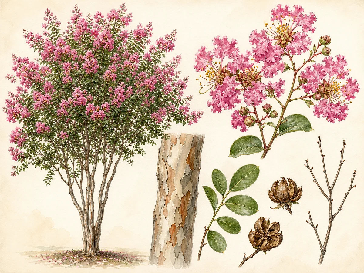 Prancha botânica de Lagerstroemia indica com pequeno porte multicaule, casca lisa mosqueada, panículas de flores rosa frisadas, folhas opostas e cápsulas