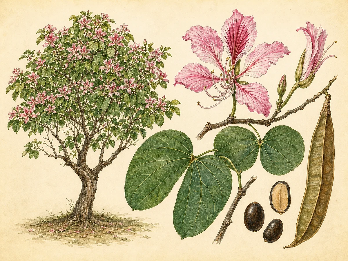 Prancha botânica de Bauhinia variegata com árvore, folhas bilobadas, flores rosadas variegadas, vagem e sementes