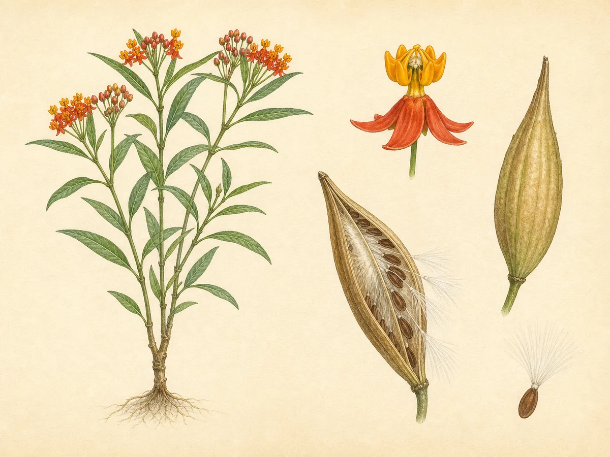 Prancha ilustrada de Asclepias curassavica com subarbusto ereto, folhas estreitas inteiras, umbelas de flores vermelhas e amarelas, cápsulas fusiformes e sementes com penacho sedoso