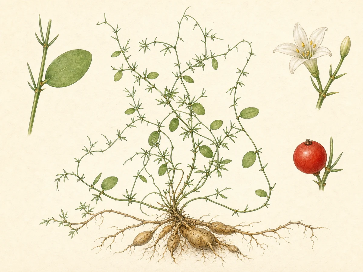 Prancha ilustrada de Asparagus asparagoides com trepadeira fina, cladódios ovados achatados, flor branca, baga vermelha e rizoma com raízes tuberosas