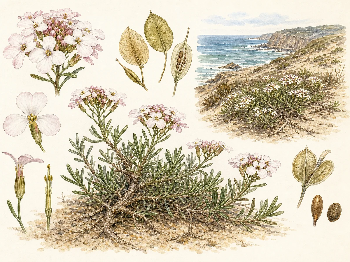 Prancha botânica de Iberis procumbens subsp. procumbens com subarbusto prostrado de duna, folhas estreitas, corimbos de flores brancas e rosadas assimétricas e frutos alados