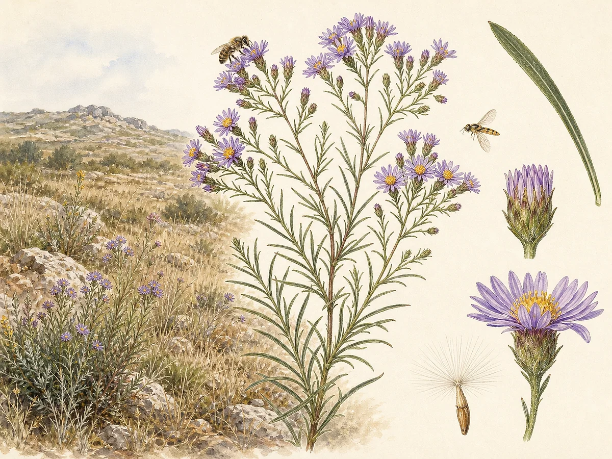 Prancha botânica de Aster sedifolius subsp. sedifolius com perene ereta, numerosas folhas lineares estreitas e panículas de pequenos capítulos violeta com disco amarelo