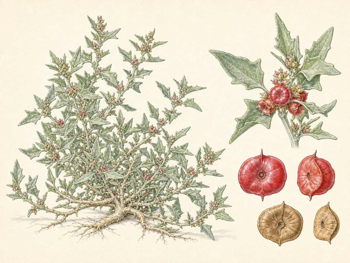 Prancha ilustrada de Atriplex rosea com erva cinzento-esverdeada mealy, folhas triangulares e bractéolas frutíferas rosadas