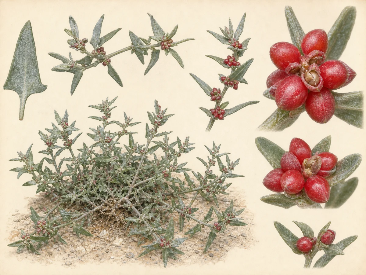 Prancha ilustrada de Atriplex semibaccata com caules prostrados cinzento-esverdeados, folhas estreitas e bractéolas carnudas vermelho-cereja