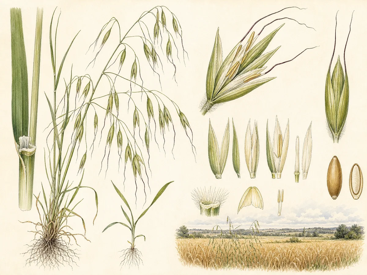 Prancha botânica de Avena sterilis subsp. sterilis com panícula aberta pendente, espiguetas grandes e duas aristas dorsais longas, torcidas e geniculadas