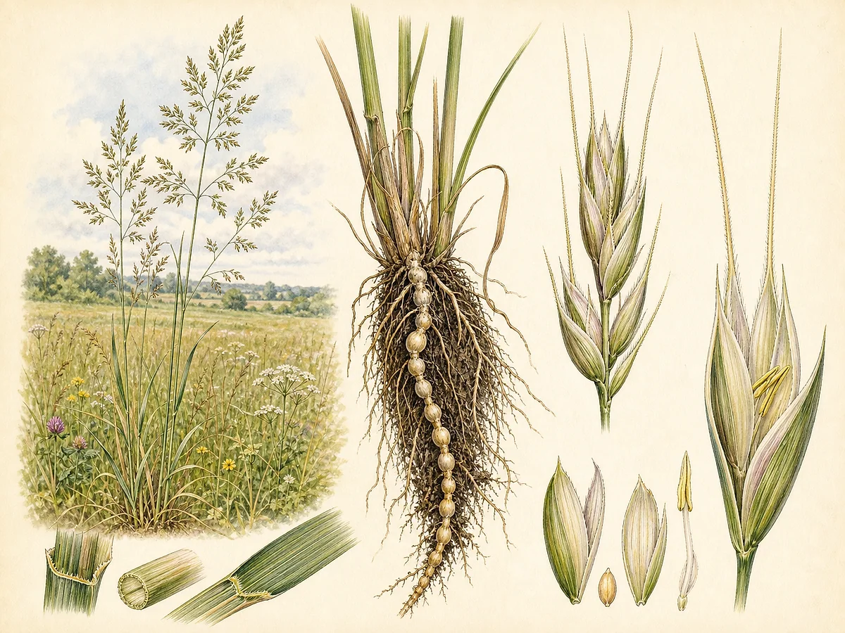 Prancha botânica de Arrhenatherum elatius subsp. bulbosum com colmos altos, panícula aberta, espiguetas aristadas e entrenós basais engrossados em rosário
